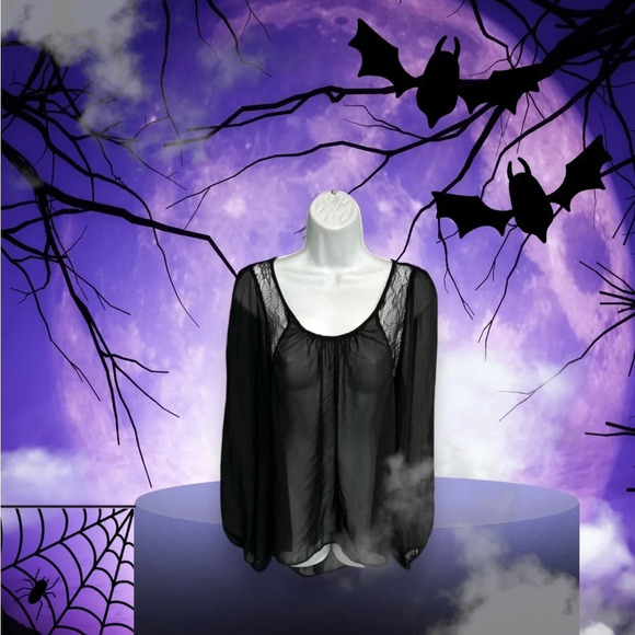 Women’s Large Black Sheer Blouse Mesh Whimsigoth Vixen Dark Romantic Witchy Goth - Picture 1 of 15